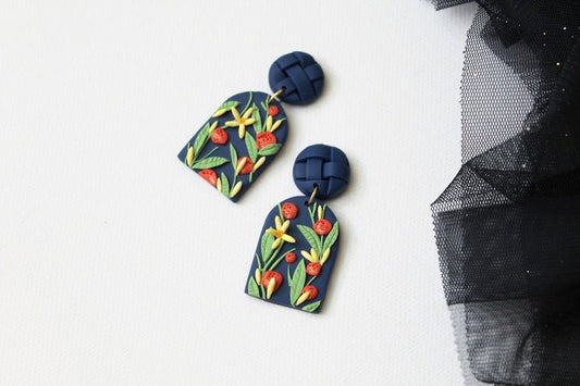 Navy Blue Earrings, Orange Earrings, Polymer Clay Earrings - Studio Niani