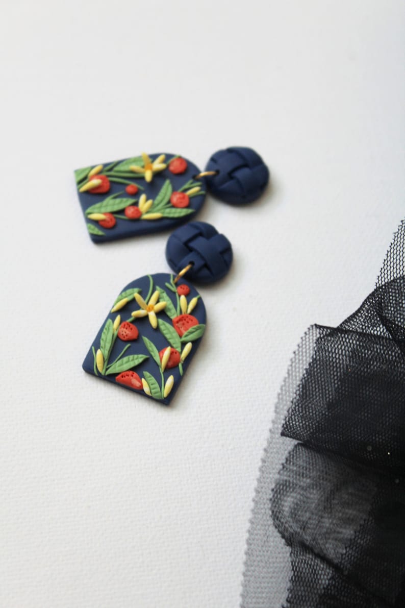 Navy Blue Earrings, Orange Earrings, Polymer Clay Earrings - Studio Niani