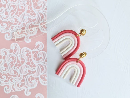 Pink Rainbow Earrings, Polymer Clay Earrings, Minimalistic, 18k gold plated ball studs - Studio Niani
