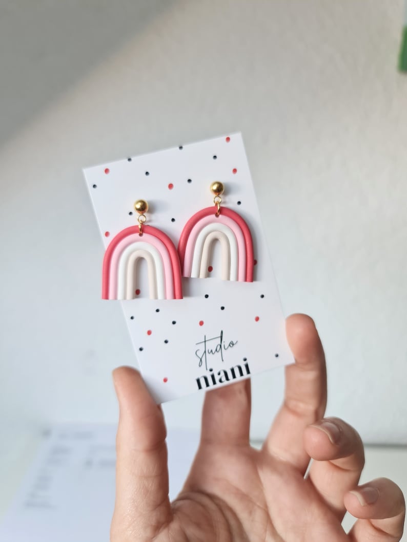 Pink Rainbow Earrings, Polymer Clay Earrings, Minimalistic, 18k gold plated ball studs - Studio Niani