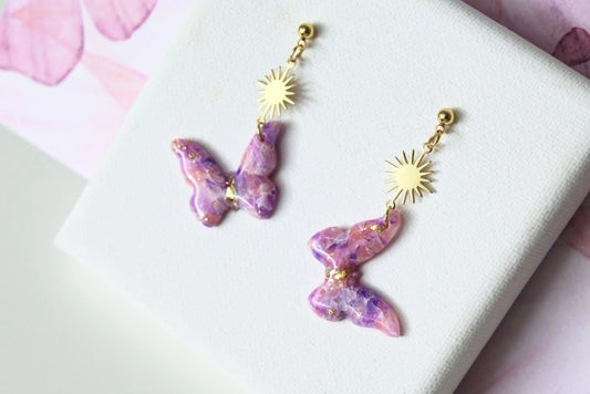Polymer Clay Earrings, Butterfly ans Sun Earrings, Elegant Spring Earrings - Studio Niani