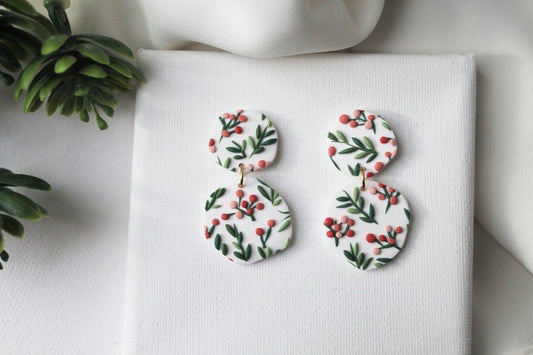 Polymer Clay Earrings, Leaf Earrings, Winter Earrings, Mistletoe - Studio Niani