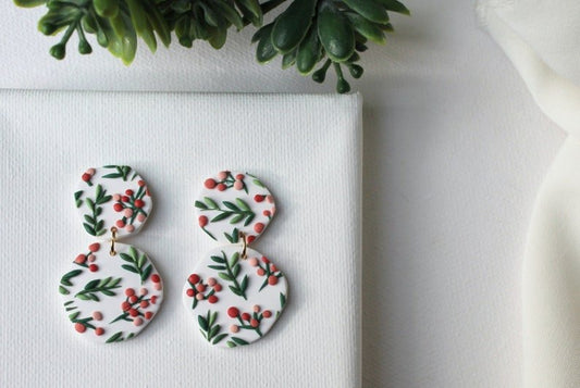 Polymer Clay Earrings, Leaf Earrings, Winter Earrings, Mistletoe - Studio Niani
