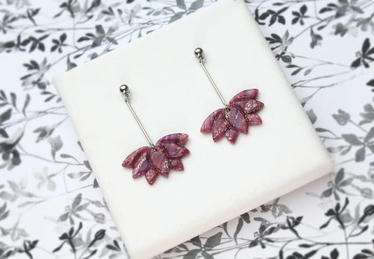 Polymer Clay Earrings, Lotus Earrings, Floral Dangle Earrings, Purple, Stainless Steel - Studio Niani