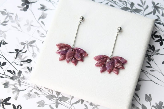 Polymer Clay Earrings, Lotus Earrings, Floral Dangle Earrings, Purple, Stainless Steel - Studio Niani