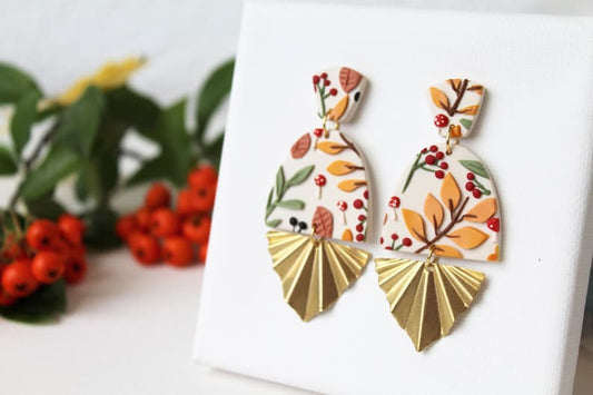 Polymer Clay Earrings, Statement Earrings, Mushroom Earrings, Autumn Earrings, Leaf Earrings, Clay Earrings, Leaf Dangle Earrings, Handmade - Studio Niani