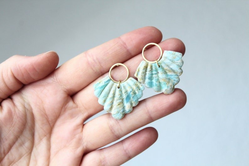 Polymer Clay Shell Earrings, Elegant, Ocean Inspired, 24k gold plated round studs - Studio Niani