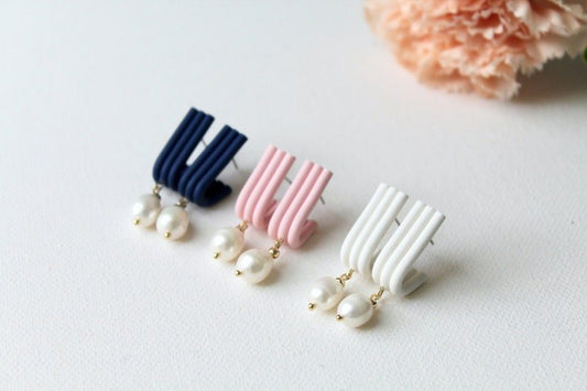 Polymer Clay Stud Earrings, Elegant Earrings, Huggie Earrings with Freshwater Pearl - Studio Niani