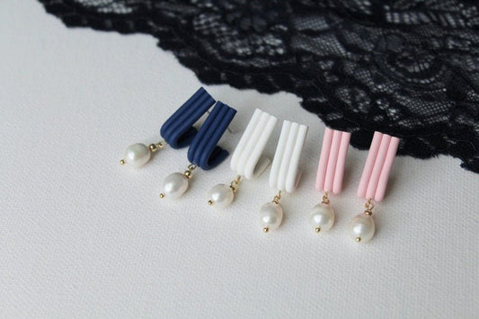 Polymer Clay Stud Earrings, Elegant Earrings, Huggie Earrings with Freshwater Pearl - Studio Niani