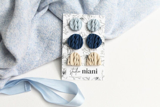 Polymer Clay Stud Earrings, Sweater Stud Earrings, Knitted Earrings, Earring Stud Pack - Studio Niani