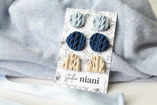 Polymer Clay Stud Earrings, Sweater Stud Earrings, Knitted Earrings, Earring Stud Pack - Studio Niani