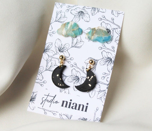 Polymer Clay Studs, Earrings Studs Set, Moon and Cloud, Stainless Steel Studs - Studio Niani