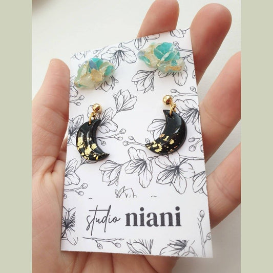 Polymer Clay Studs, Earrings Studs Set, Moon and Cloud, Stainless Steel Studs - Studio Niani