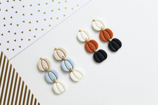 Pumpkin Dangle Earrings, Polymer Clay Earrings, Orange, Beige, Black - Studio Niani