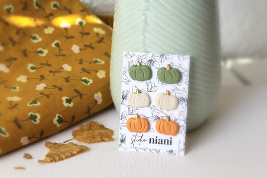 Pumpkin Stud Earrings, Stud Pack of 3 Pairs, Polymer Clay Earrings, Autumn, Halloween - Studio Niani