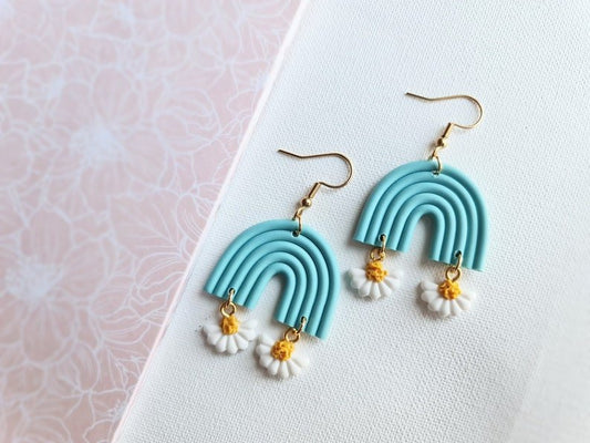 Rainbow and Daisy Earrings, Polymer Clay Earrings, Daisy Earrings - Studio Niani