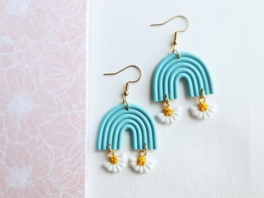 Rainbow and Daisy Earrings, Polymer Clay Earrings, Daisy Earrings - Studio Niani
