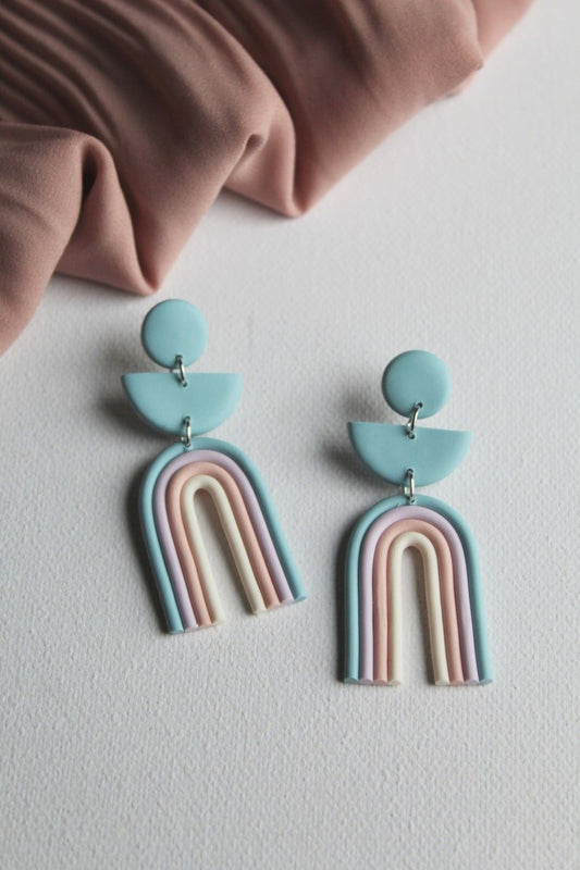 Rainbow Earrings, Blue Statement Earrings, Polymer Clay Earrings, Light Blue, Pastel Pink - Studio Niani