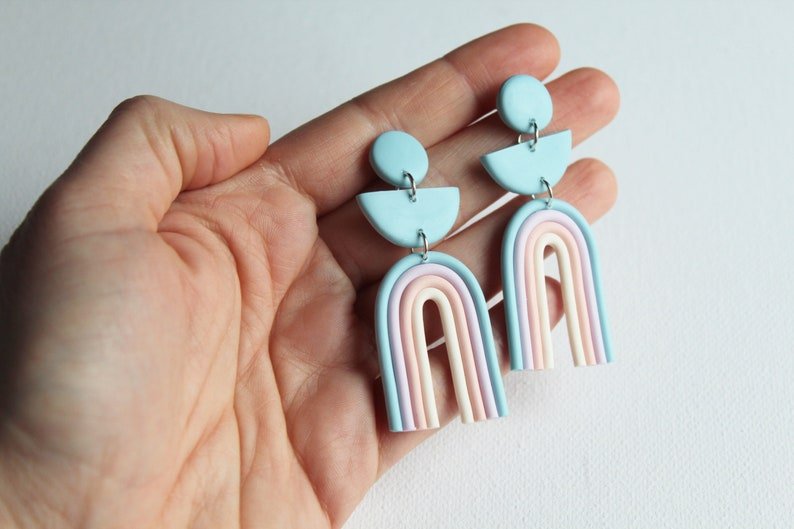 Rainbow Earrings, Blue Statement Earrings, Polymer Clay Earrings, Light Blue, Pastel Pink - Studio Niani