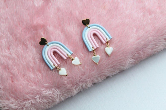 Rainbow Earrings, Clay Earrings, Love and Heart Earrings, Natural Shell Hearts - Studio Niani