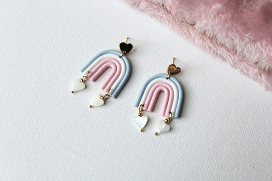 Rainbow Earrings, Clay Earrings, Love and Heart Earrings, Natural Shell Hearts - Studio Niani