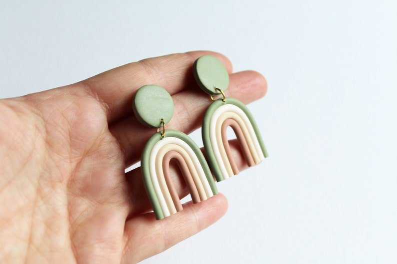 Rainbow Earrings, Every Day Boho Earrings, Polymer Clay Earrings, Minimalistic, Olive Color - Studio Niani