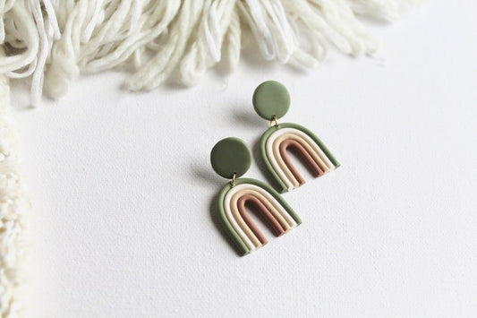 Rainbow Earrings, Every Day Boho Earrings, Polymer Clay Earrings, Minimalistic, Olive Color - Studio Niani