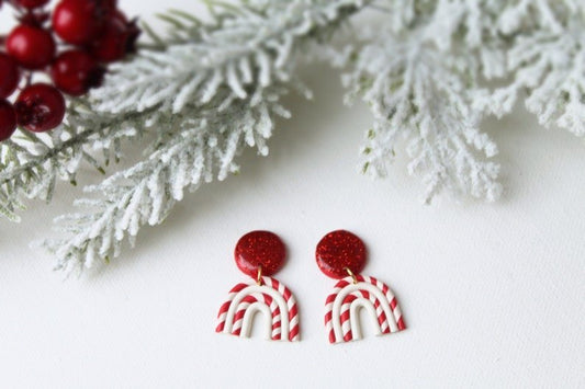 Rainbow Earrings, Polymer Clay Earrings, Candy Cane, Christmas Rainbow - Studio Niani