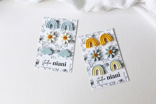 Rainbow Earrings Studs Set, Daisy Stud Earrings, Polymer Clay Earrings, Rainbow Studs - Studio Niani