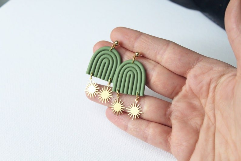 Rainbow with Sun Pendants, Polymer Clay Earrings, Boho Earrings, Sunny, Olive Color - Studio Niani