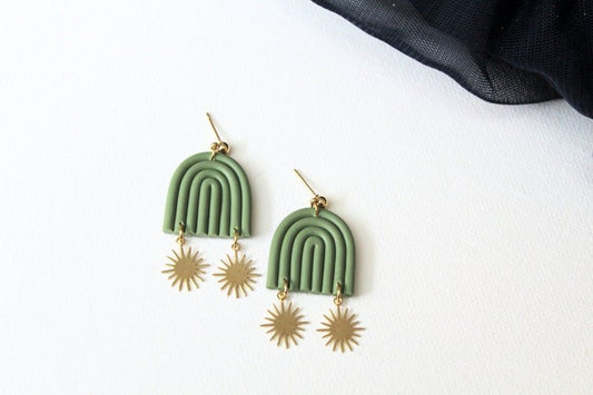 Rainbow with Sun Pendants, Polymer Clay Earrings, Boho Earrings, Sunny, Olive Color - Studio Niani