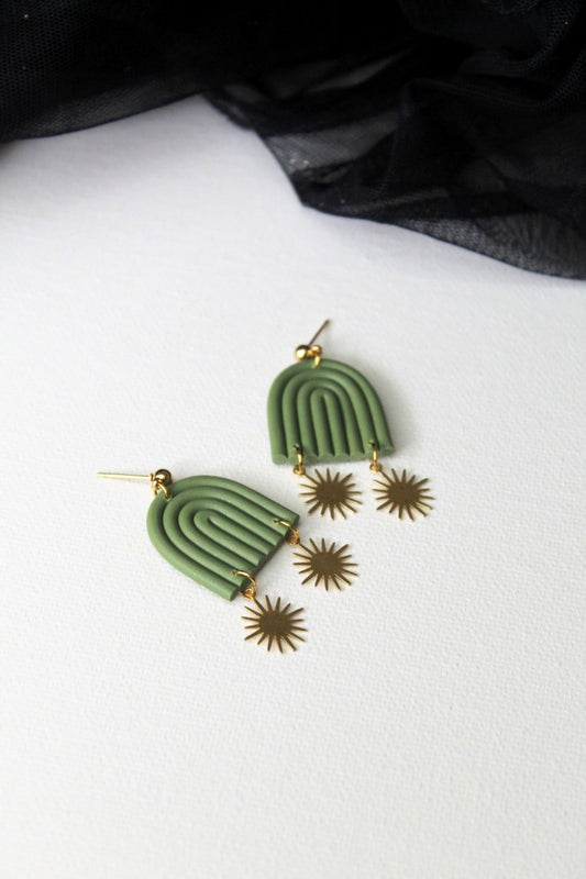 Rainbow with Sun Pendants, Polymer Clay Earrings, Boho Earrings, Sunny, Olive Color - Studio Niani