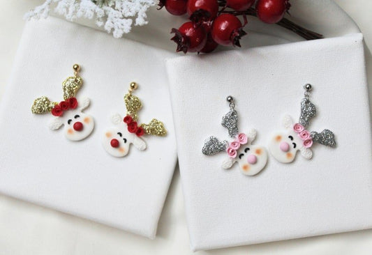 Reindeer Christmas Earrings, Christmas Clay Earrings, 18k gold plated studs - Studio Niani