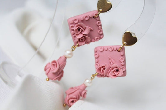 Rose Dangle Earrings, Polymer Clay Earrings with Freshwater Pearls, Stainless Steel Studs, Dusty Pink - Studio Niani