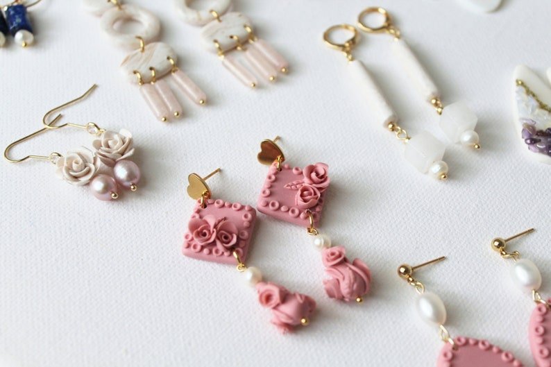 Rose Dangle Earrings, Polymer Clay Earrings with Freshwater Pearls, Stainless Steel Studs, Dusty Pink - Studio Niani