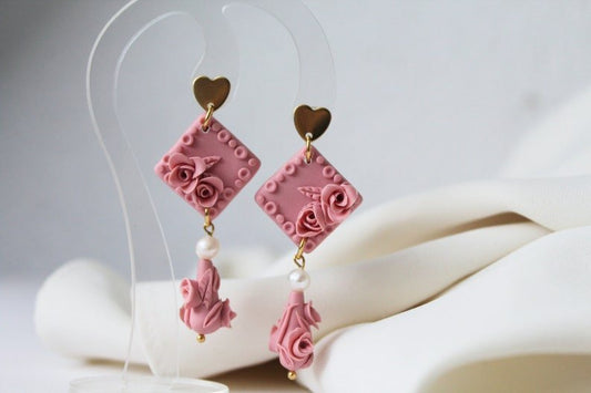 Rose Dangle Earrings, Polymer Clay Earrings with Freshwater Pearls, Stainless Steel Studs, Dusty Pink - Studio Niani