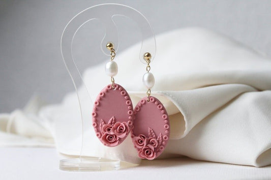 Rose Earrings, Floral Earrings, Polymer Clay Earrings with Freshwater Pearls - Studio Niani