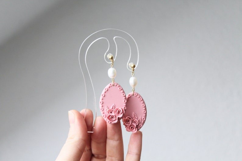 Rose Earrings, Floral Earrings, Polymer Clay Earrings with Freshwater Pearls - Studio Niani