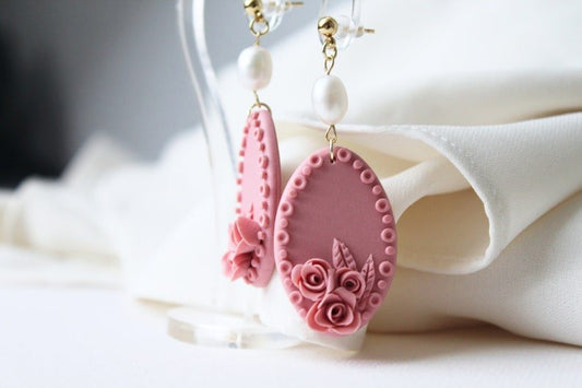 Rose Earrings, Floral Earrings, Polymer Clay Earrings with Freshwater Pearls - Studio Niani