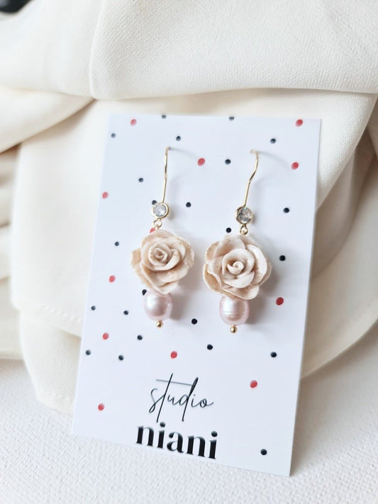 Rose Earrings with Freshwater Pearls, 24K Gold Plated Hooks with Zircon - Studio Niani
