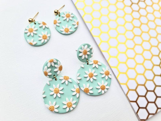Sage Green Daisy Earrings, Polymer Clay Statement Earrings, 18k gold plated - Studio Niani