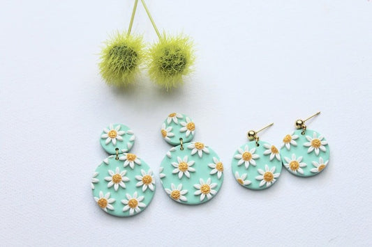 Sage Green Daisy Earrings, Polymer Clay Statement Earrings, 18k gold plated - Studio Niani