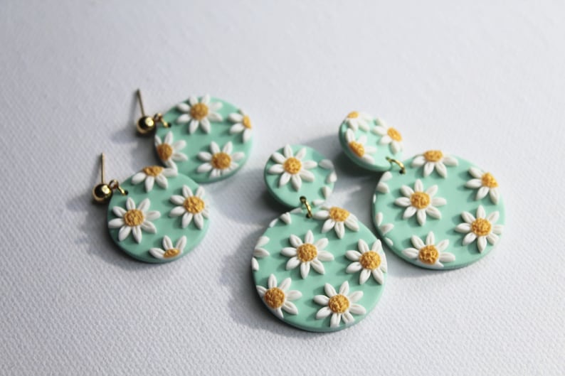 Sage Green Daisy Earrings, Polymer Clay Statement Earrings, 18k gold plated - Studio Niani
