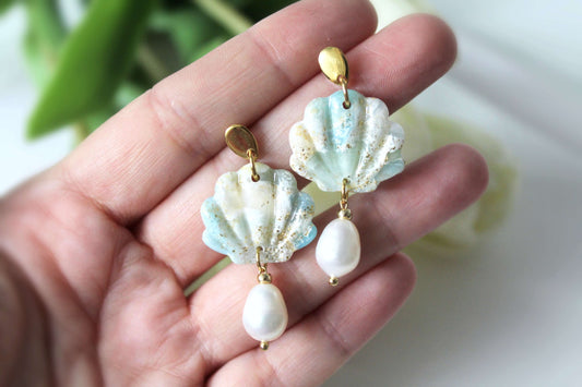 Shell Earrings with Natural Pearl, Polymer Clay Earrings, Summer Handmade Earrings, Blue Marble - Studio Niani