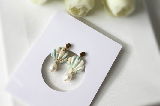 Shell Earrings with Natural Pearl, Polymer Clay Earrings, Summer Handmade Earrings, Blue Marble - Studio Niani
