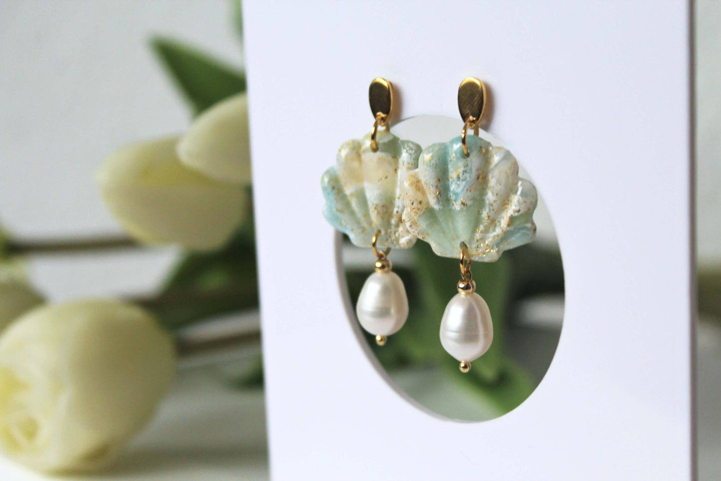 Shell Earrings with Natural Pearl, Polymer Clay Earrings, Summer Handmade Earrings, Blue Marble - Studio Niani