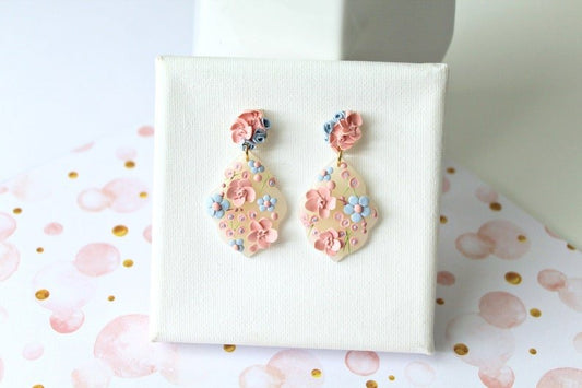 Spring Floral Earrings, Polymer Clay Earrings, Bridal, Light Pink and Blue - Studio Niani