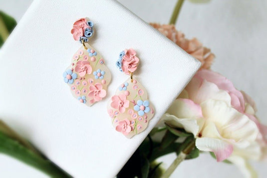 Spring Floral Earrings, Polymer Clay Earrings, Bridal, Light Pink and Blue - Studio Niani