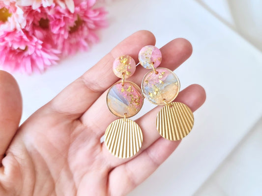 Elegant Earrings with Brass Pendant, Summer, Clay Earrings, Light Blue, Pink and Orange