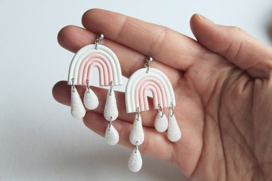 Statement Rainbow Earrings, Pink Rainbow with Rain Drops, Polymer Clay Earrings - Studio Niani